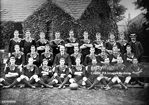 New Zealand squad for their 1905-06 tour: John Corbett, Massa Johnston, Bill Cunningham, Frederick Newton, George Nicholson, Bronco Seeling, O...