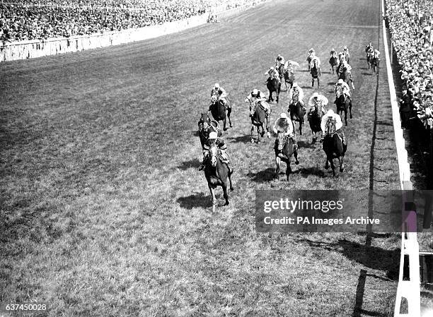 Larkspur, Neville Sellwood up, passes the post to win from Arcor, Roger Poincelet up, and Le Cantilien, Yves Saint-Martin up