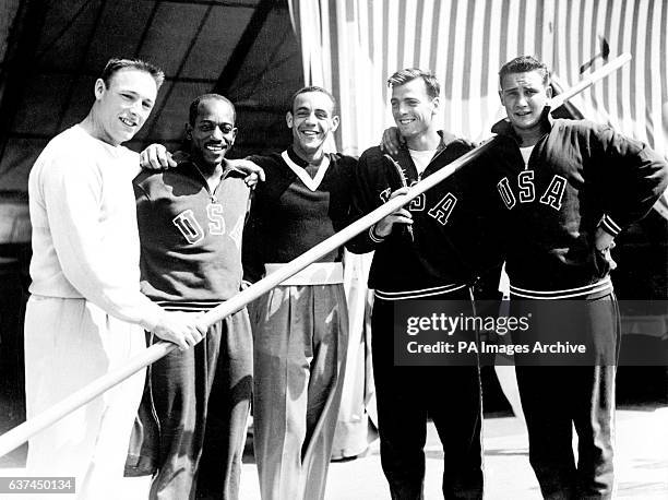 Members of the USA Olympic team take a break from training: Fortune Gordien , Harrison Dillard , Malvin Whitfield , Bob Mathias , Parry O'Brien