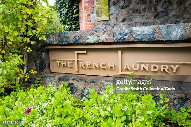 Signage for the French Laundry restaurant in Yountville, Napa Valley, California, operated by chef Thomas Keller and known for being one of the few...