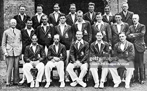 The England team that toured Australia: George Duckworth, Tommy Mitchell, Nawab of Pataudi, Morris Leyland, Harold Larwood, Eddie Paynter, scorer W...