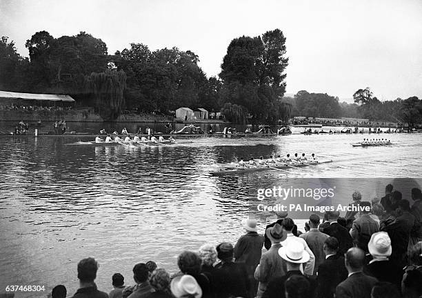 Great Britain, in foreground, winning the first heat of the eights from Norway and Denmark at Henley. Christopher Barton, Michael Lapage, Guy...
