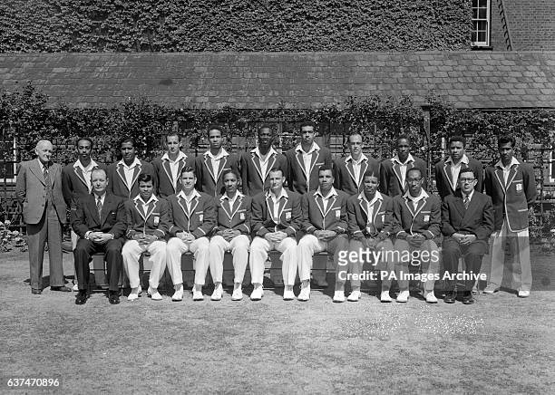 The 1957 West Indies Touring Team for the Second Test against England at Lord's. Back Row, L to R: Wilf Ferguson , Andy Ganteaume, Nyron Sultan...