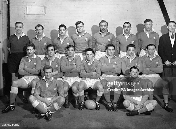 The Welsh team, back row, left to right: R Mitchell , Garfield Owen, Malcolm Thomas, Russell Robins, Rhys Williams, William Williams, Leighton...