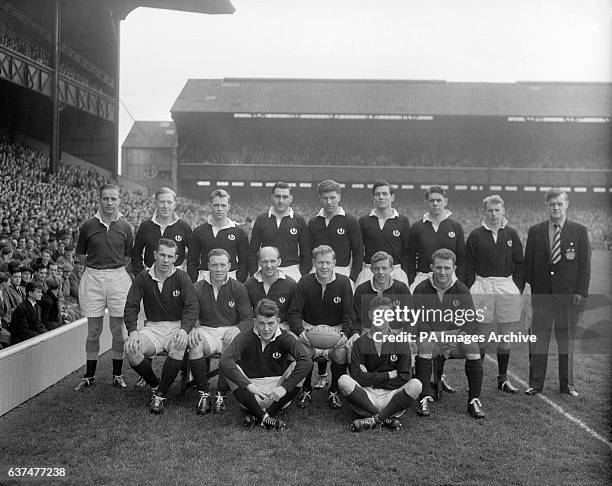 The Scotland team, back row, left to right; I Mitchell , Keith MacDonald, Ken Smith, Hamish Kemp, John Allen, Thomas McClung, Ken Scotland. Front...