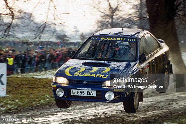 Colin McRae and his co-driver Derek Ringer in his Subaru Impreza 555 during the RAC Rally, which they went on to win