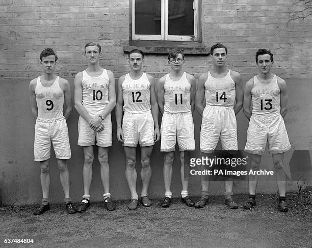 The Cambridge team for the Oxford v Cambridge Inter-Varsity Cross-Country Race, held on Wimbledon Common, London. From left to right: J R Seale ; J...