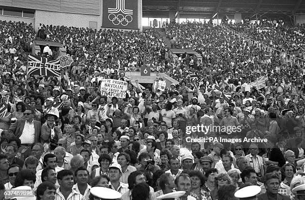 British fans in the crowd with a banner saying 'We're Proud of Great Britain, How About You Thatcher?' in reference to Great Britain's boycott of the...