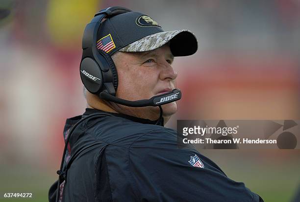 Head coach Chip Kelly of the San Francisco 49ers looks on from the sidelines against the Seattle Seahawks during the first quarter of their NFL...