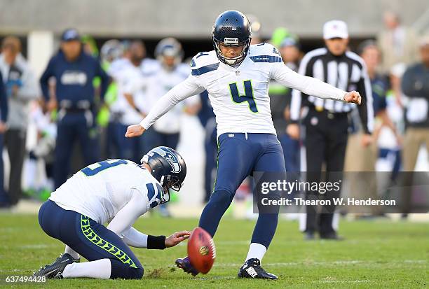 Steven Hauschka of the Seattle Seahawks kicks a field goal against the San Francisco 49ers during the fourth quarter of their NFL football game at...