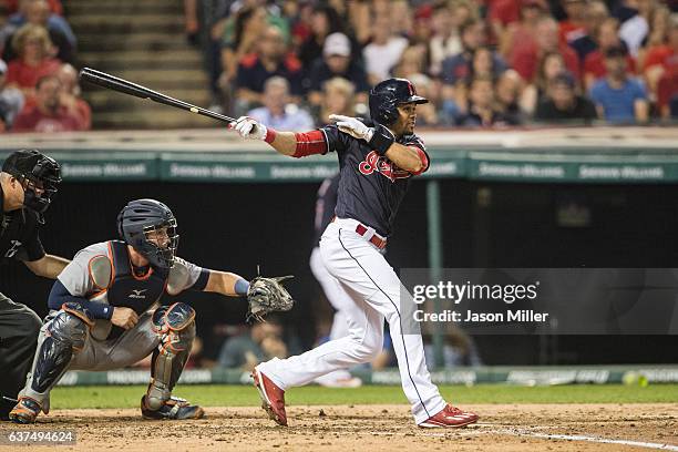 Coco Crisp of the Cleveland Indians hits a ground ball during the third inning against the Detroit Tigers at Progressive Field on September 16, 2016...