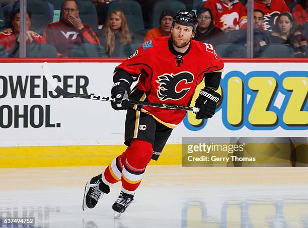Dennis Wideman of the Calgary Flames skates against the Anaheim Ducks at Scotiabank Saddledome on December 29, 2016 in Calgary, Alberta, Canada.