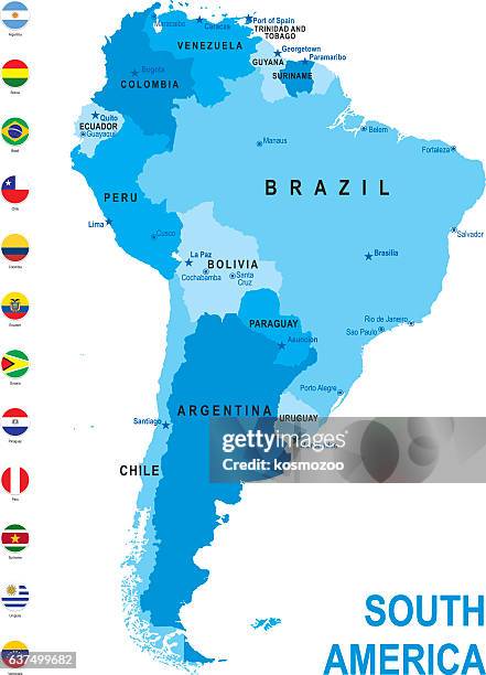 stockillustraties, clipart, cartoons en iconen met blue map of south america with flag against white background - suriname