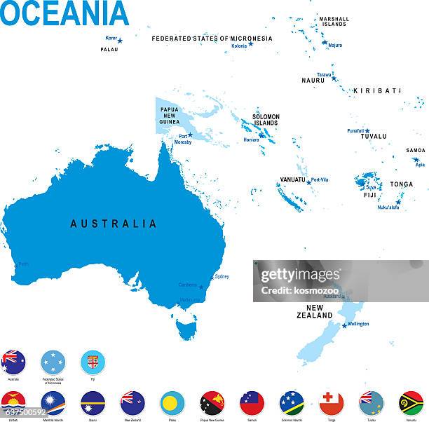 illustrazioni stock, clip art, cartoni animati e icone di tendenza di mappa blu dell'oceania con bandiera su sfondo bianco - oceania
