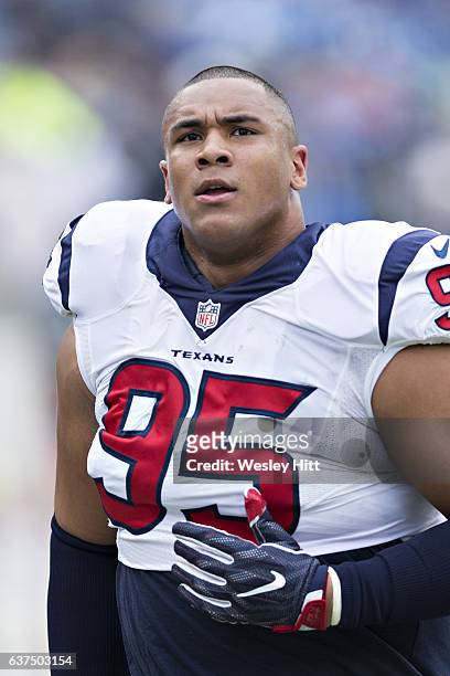 Christian Covington of the Houston Texans walks off the field during a game against the Tennessee Titans at Nissan Stadium on January 1, 2017 in...