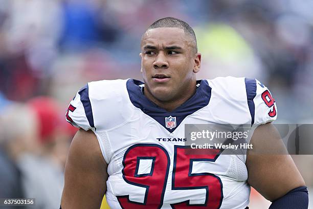 Christian Covington of the Houston Texans walks off the field during a game against the Tennessee Titans at Nissan Stadium on January 1, 2017 in...