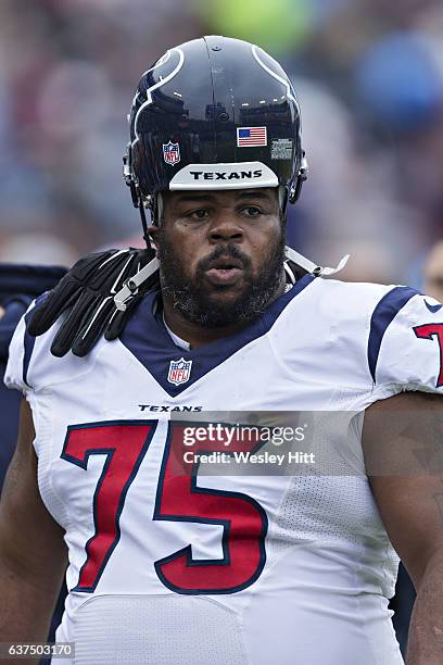 Vince Wilfork of the Houston Texans walks off the field during a game against the Tennessee Titans at Nissan Stadium on January 1, 2017 in Nashville,...