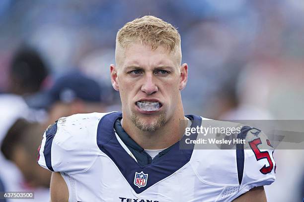 Max Bullough of the Houston Texans on the sidelines during a game against the Tennessee Titans at Nissan Stadium on January 1, 2017 in Nashville,...