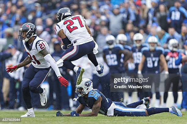 Quintin Demps of the Houston Texans intercepts a pass during a game against the Tennessee Titans at Nissan Stadium on January 1, 2017 in Nashville,...