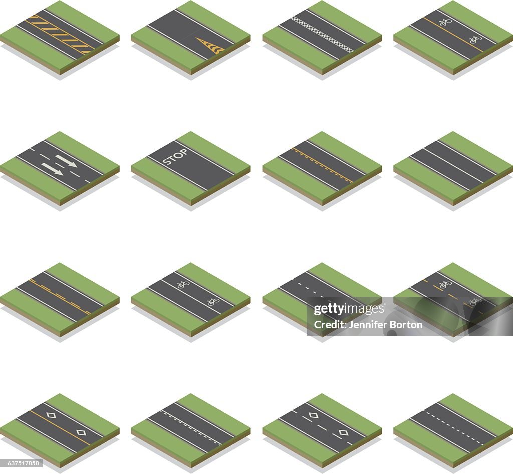 Seamless Isometric Road Construction Tiles Kit