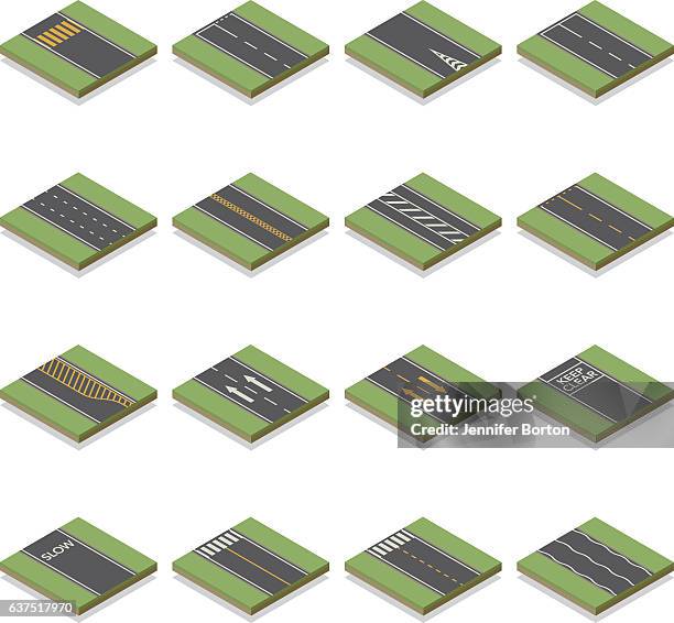 seamless isometric road construction tiles kit - going separate ways stock illustrations