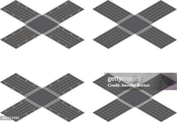 seamless isometric road intersection construction tiles kit - train tracks above stock illustrations