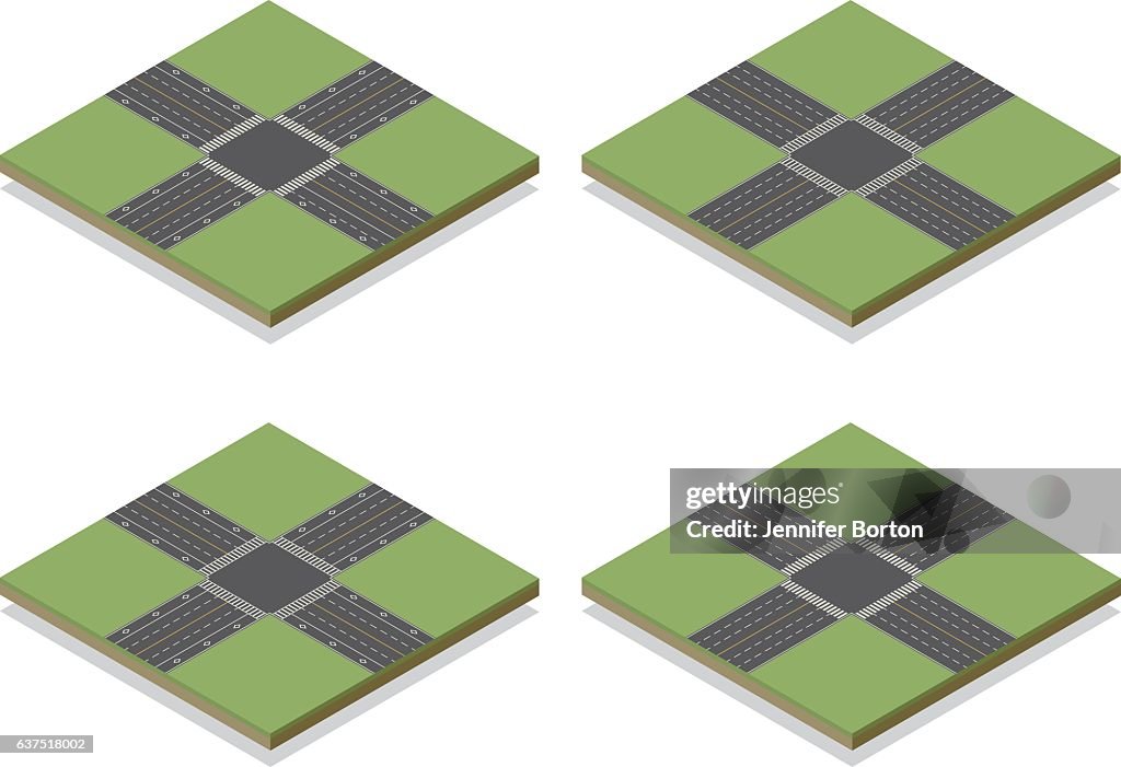 Seamless Isometric Road Intersection Construction Tiles Kit