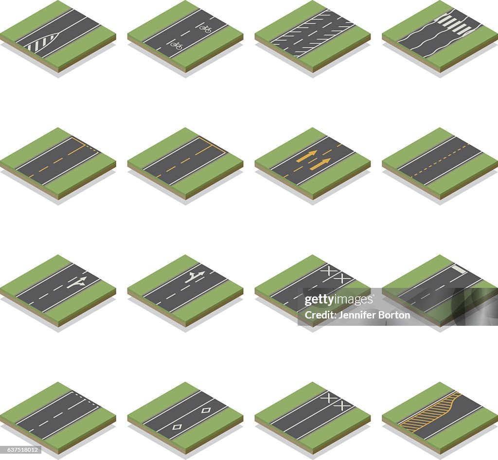 Seamless Isometric Road Construction Tiles Kit