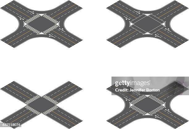 seamless isometric road intersection construction tiles kit - train tracks above stock illustrations