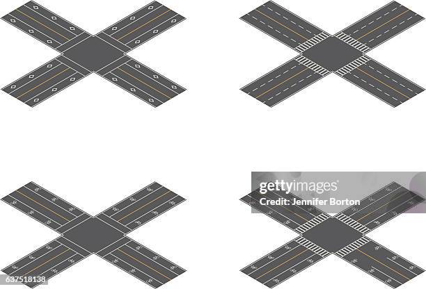 seamless isometric road intersection construction tiles kit - train tracks above stock illustrations