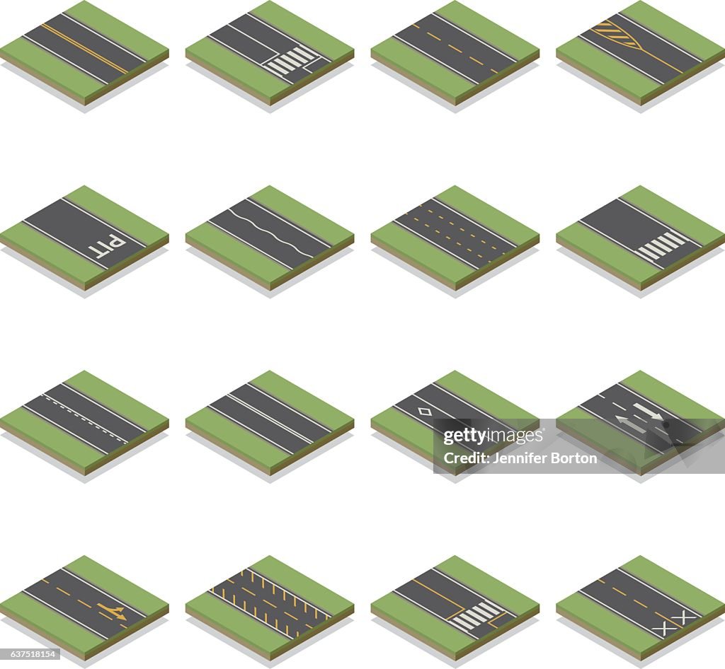 Seamless Isometric Road Construction Tiles Kit