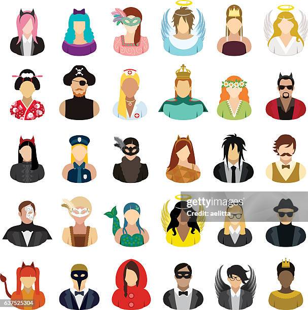 ilustraciones, imágenes clip art, dibujos animados e iconos de stock de conjunto de iconos de personas enmascaradas. - theater costume