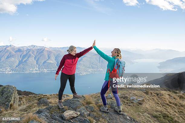 hikers celebrating at mountain top - reaching summit stock pictures, royalty-free photos & images