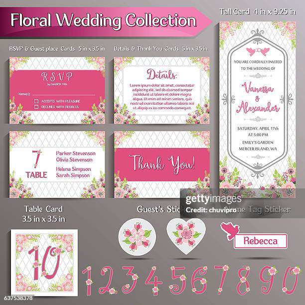 floral wedding invitation set. us format - wedding invitation stock illustrations