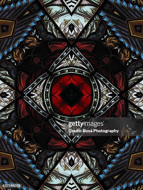 abstract image: kaleidoscopic image of a colored stained glass window inside a church - glass magazine stock pictures, royalty-free photos & images