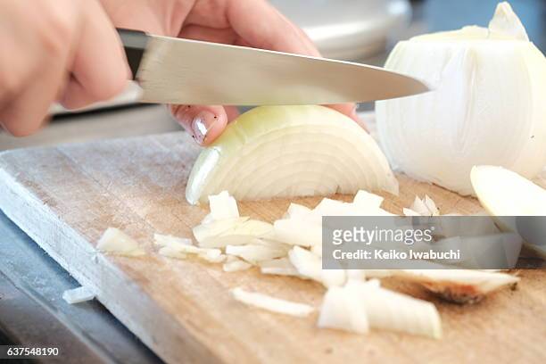 child is practicing to cut onions. - cebola imagens e fotografias de stock