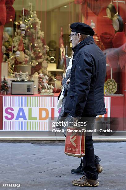 Shop window indicates "sales" in Via Frattina on January 4, 2017 in Rome, Italy. The winter sales begin in Rome tomorrow January 5th.