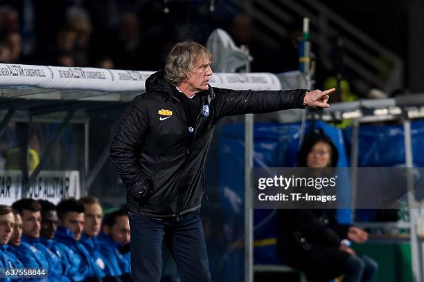 Coach Gertjan Verbeek of Bochum gestures during the DFB Cup quarter final match between VfL Bochum and Bayern Muenchen at Rewirpower Stadium on...