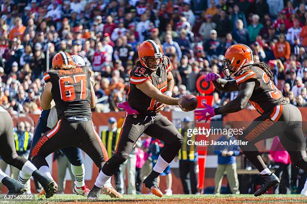 Quarterback Charlie Whitehurst of the Cleveland Browns hands off to running back Isaiah Crowell during the first half against the New England...