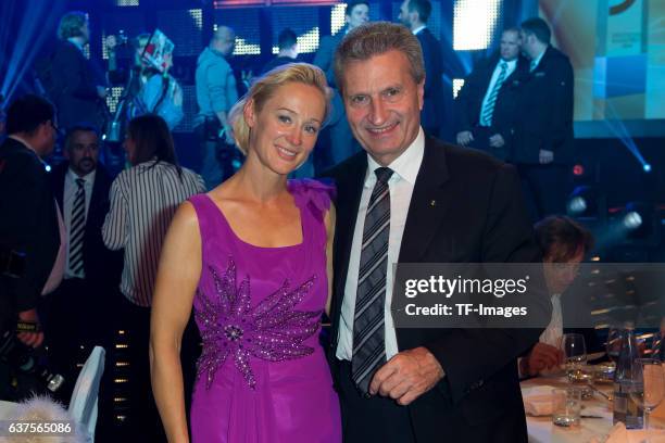 Guenther Oettinger and Friederike Beyer attend the Deutscher Radiopreis 2016 on October 6, 2016 in Hamburg, Germany.