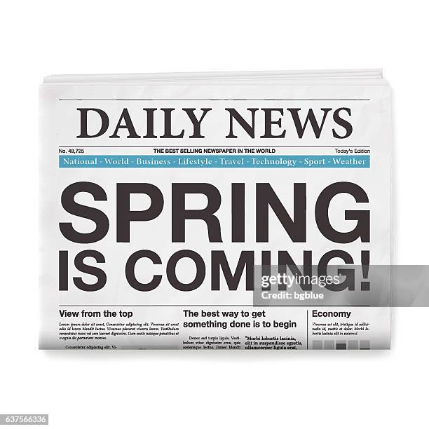 spring is coming! headline. newspaper isolated on white background - years since clinton lewinsky scandal broke stock illustrations