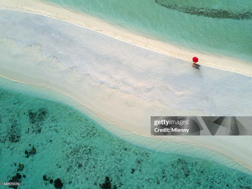 Aerial Lonely Red Umbrella Beach Maldives South Ari Atoll