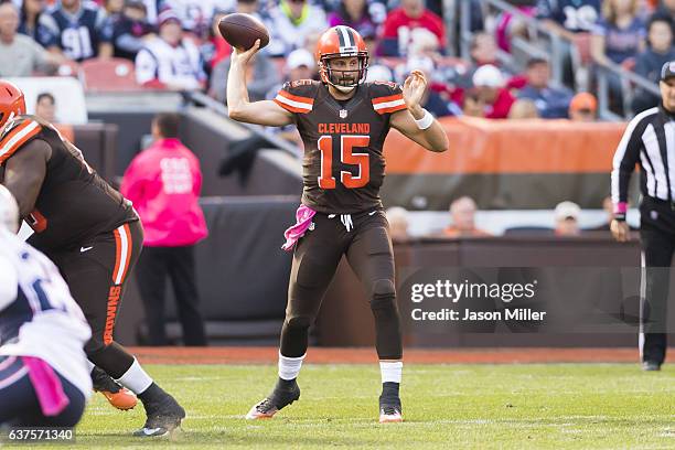 Quarterback Charlie Whitehurst of the Cleveland Browns looks to pass during the third quarter against the New England Patriots at FirstEnergy Stadium...