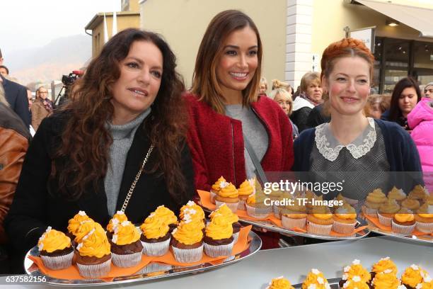 Christine Neubauer, Jana Ina Zarella, Enie van de Meiklokjes attend the opening of the City Outlet Geislingen on October 27, 2016 in Geislingen,...