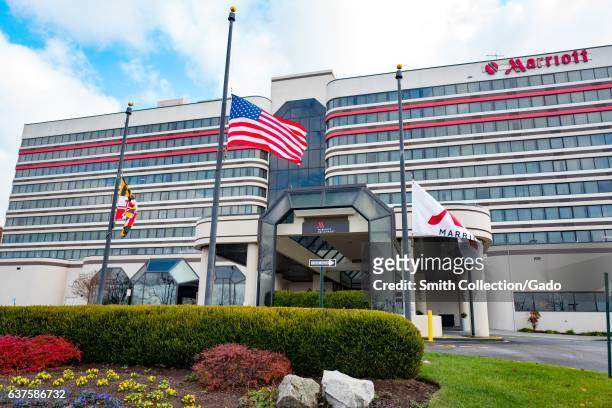 Marriott hotel, with flags flying at half mast for Pearl Harbor Day, near Baltimore Washington International Airport in Linthicum Heights, Maryland,...