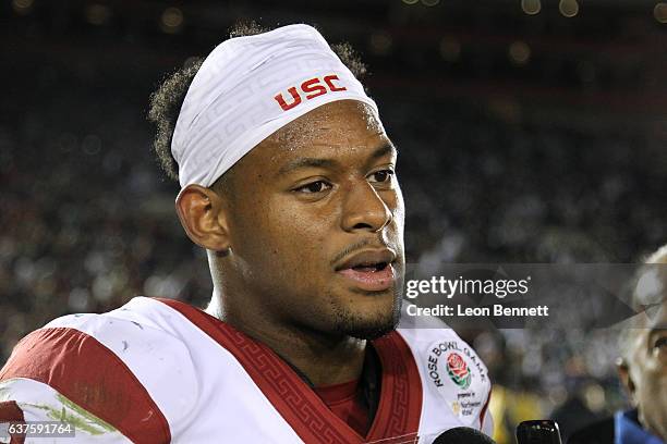 Wide receiver JuJu Smith-Schuster of the USC Trojans talks with the media after a 52-49 comeback win over the Penn State Nittney Lions in the 2017...