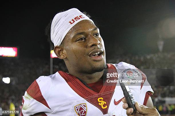 Wide receiver JuJu Smith-Schuster of the USC Trojans talks with the media after a 52-49 comeback win over the Penn State Nittney Lions in the 2017...