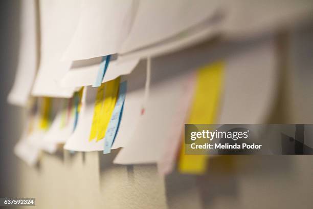 posters with sticky notes on the wall after a meeting - rotafolio fotografías e imágenes de stock