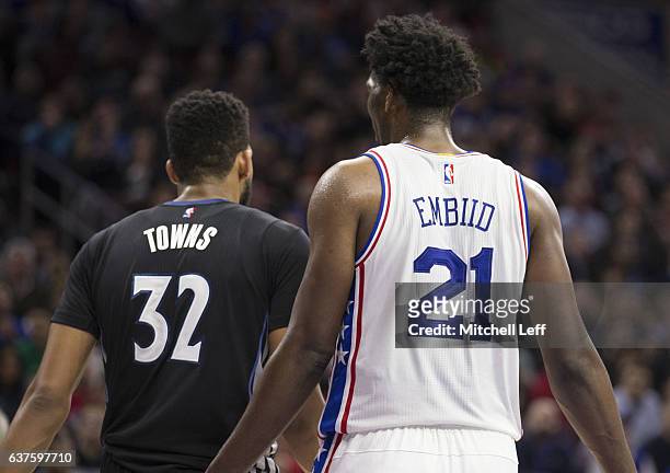 Joel Embiid of the Philadelphia 76ers plays against Karl-Anthony Towns of the Minnesota Timberwolves at the Wells Fargo Center on January 3, 2017 in...