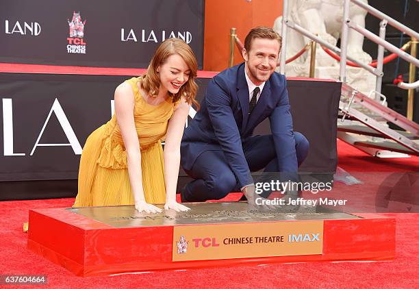 Actress Emma Stone and actor Ryan Gosling attend the Hand And Footprint Ceremony for Ryan Gosling and Emma Stone at the TCL Chinese Theatre IMAX on...